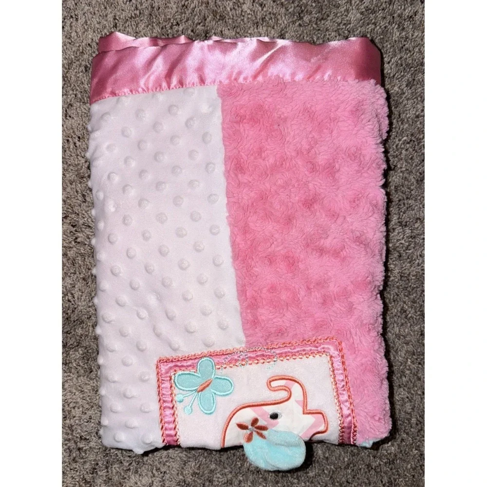 AD Sutton Son Pink Blue White Patchwork Elephant Baby Blanket Satin Minky Dot